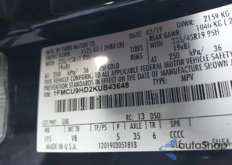 2019 Ford Escape Sel из США, поврежденный, VIN 1FMCU9HD2KUB43648